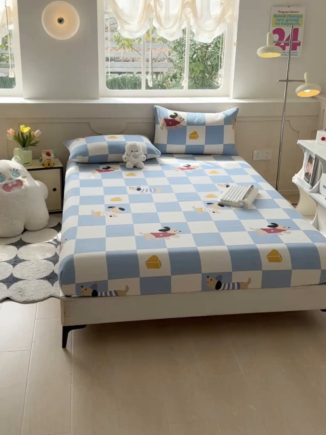 91家纺网 家纺一手货源 找家纺 爱彼家纺 2026新款舒适透气老粗布凉席印花床笠单件-床笠三件套 老粗布床笠-腊肠狗-蓝