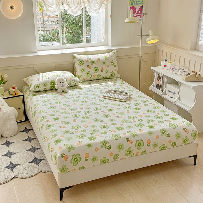 91家纺网 家纺一手货源 找家纺 爱彼家纺 2026新款舒适透气老粗布凉席印花床笠单件-床笠三件套 老粗布床笠-绿果花香