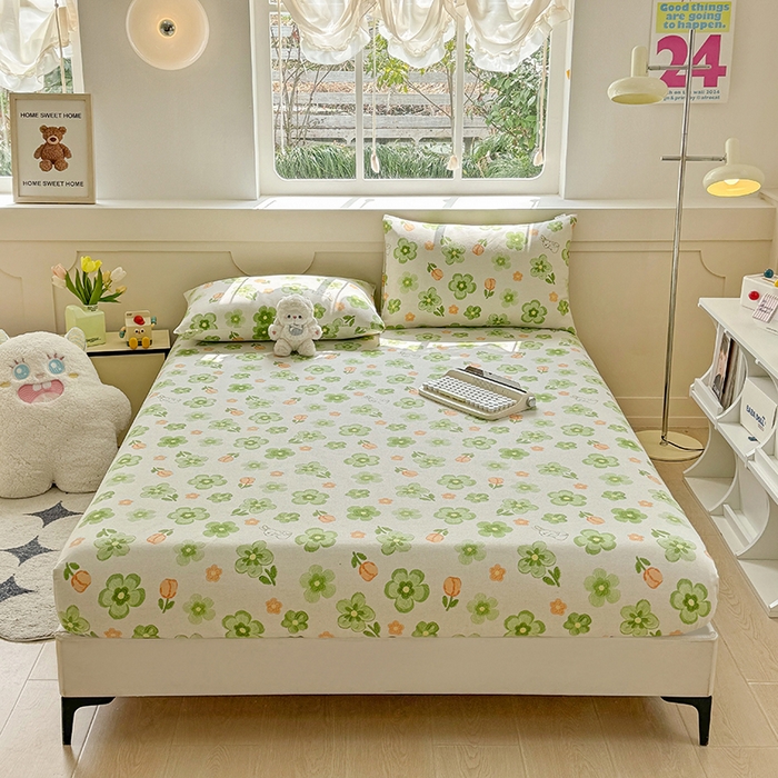 91家纺网 家纺一手货源 找家纺 爱彼家纺 2026新款舒适透气老粗布凉席印花床笠单件-床笠三件套 老粗布床笠-绿果花香