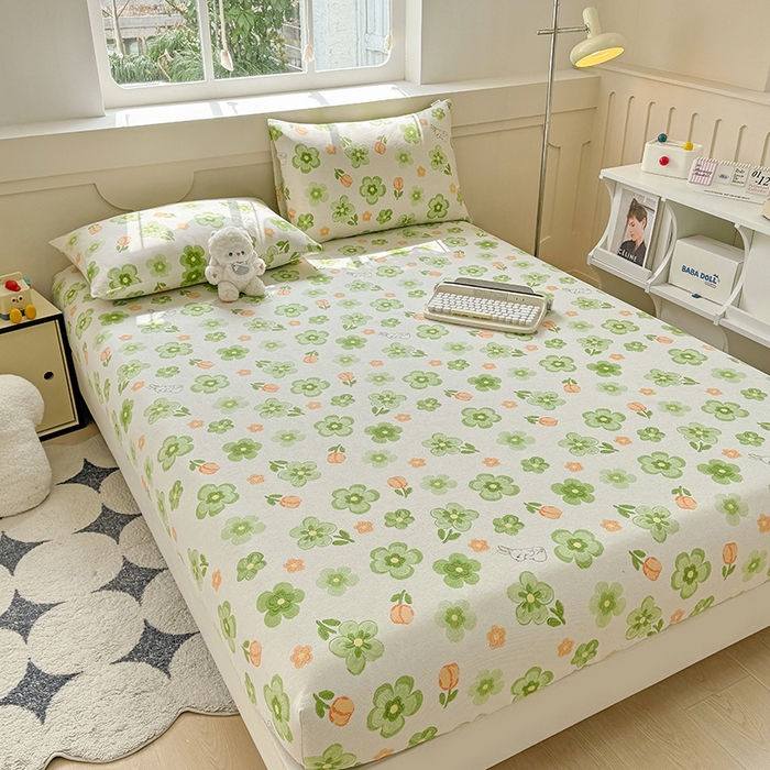 91家纺网 家纺一手货源 找家纺 爱彼家纺 2026新款舒适透气老粗布凉席印花床笠单件-床笠三件套 老粗布床笠-绿果花香