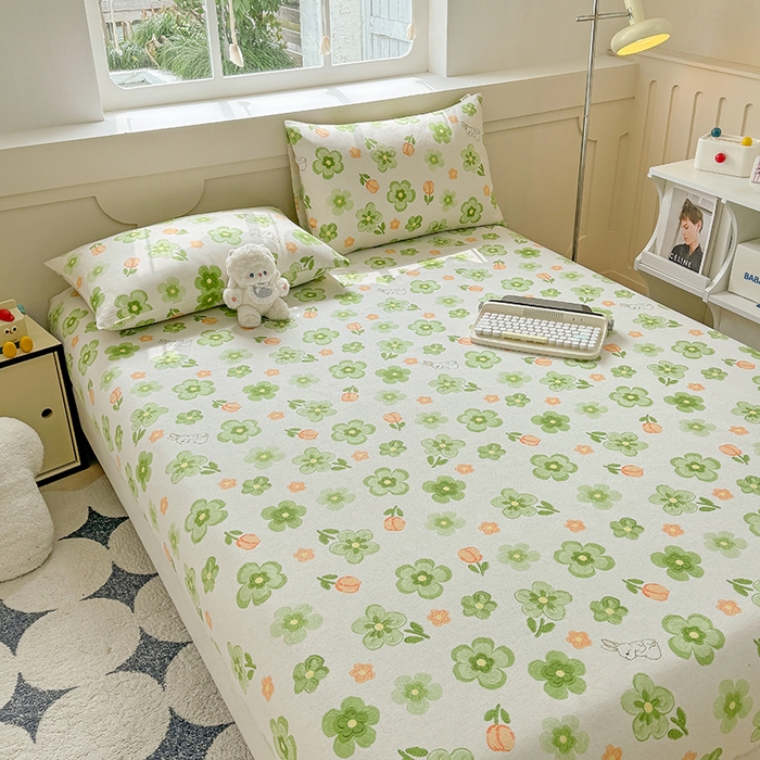 91家纺网 家纺一手货源 找家纺 爱彼家纺 2026新款舒适透气老粗布凉席印花床笠单件-床笠三件套 老粗布床笠-绿果花香