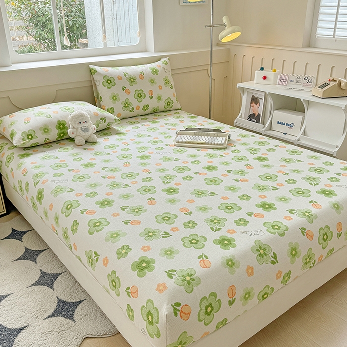 91家纺网 家纺一手货源 找家纺 爱彼家纺 2026新款舒适透气老粗布凉席印花床笠单件-床笠三件套 老粗布床笠-绿果花香