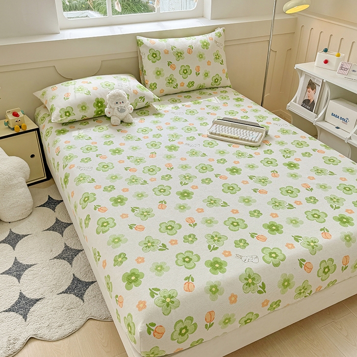 91家纺网 家纺一手货源 找家纺 爱彼家纺 2026新款舒适透气老粗布凉席印花床笠单件-床笠三件套 老粗布床笠-绿果花香