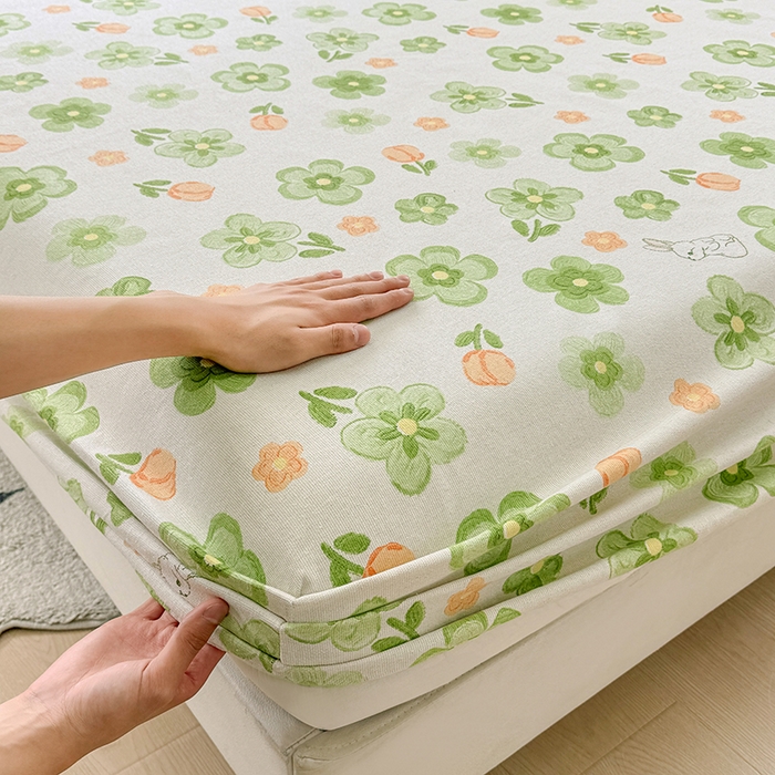 91家纺网 家纺一手货源 找家纺 爱彼家纺 2026新款舒适透气老粗布凉席印花床笠单件-床笠三件套 老粗布床笠-绿果花香