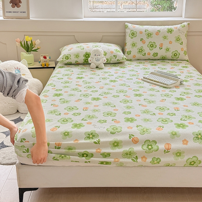 91家纺网 家纺一手货源 找家纺 爱彼家纺 2026新款舒适透气老粗布凉席印花床笠单件-床笠三件套 老粗布床笠-绿果花香