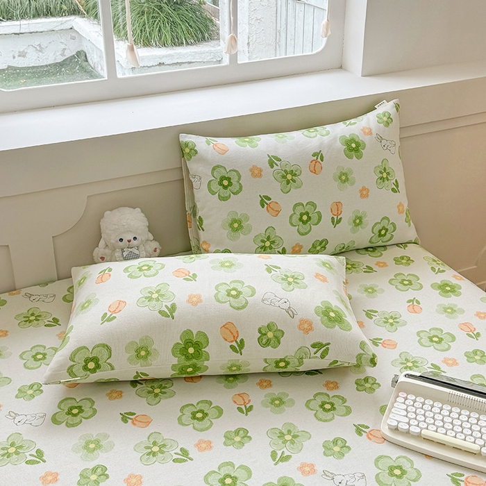 91家纺网 家纺一手货源 找家纺 爱彼家纺 2026新款舒适透气老粗布凉席印花床笠单件-床笠三件套 老粗布床笠-绿果花香