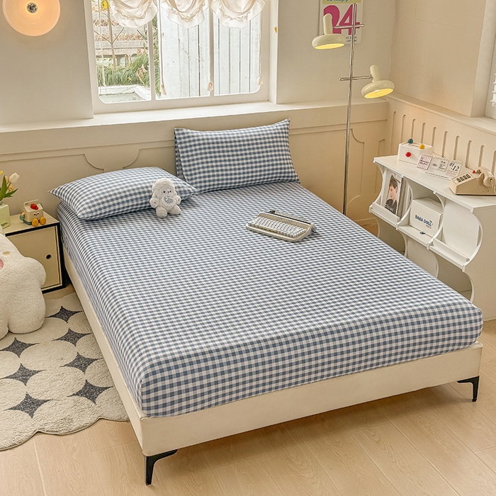 91家纺网 家纺一手货源 找家纺 爱彼家纺 2026新款舒适透气老粗布凉席印花床笠单件-床笠三件套 老粗布床笠-暖阳-天蓝格