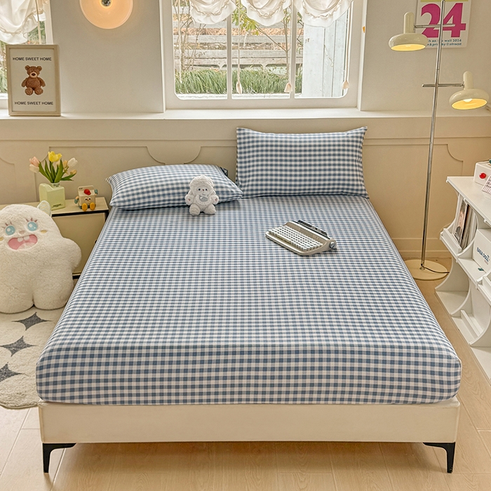 91家纺网 家纺一手货源 找家纺 爱彼家纺 2026新款舒适透气老粗布凉席印花床笠单件-床笠三件套 老粗布床笠-暖阳-天蓝格