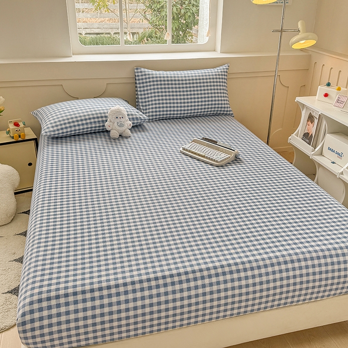 91家纺网 家纺一手货源 找家纺 爱彼家纺 2026新款舒适透气老粗布凉席印花床笠单件-床笠三件套 老粗布床笠-暖阳-天蓝格