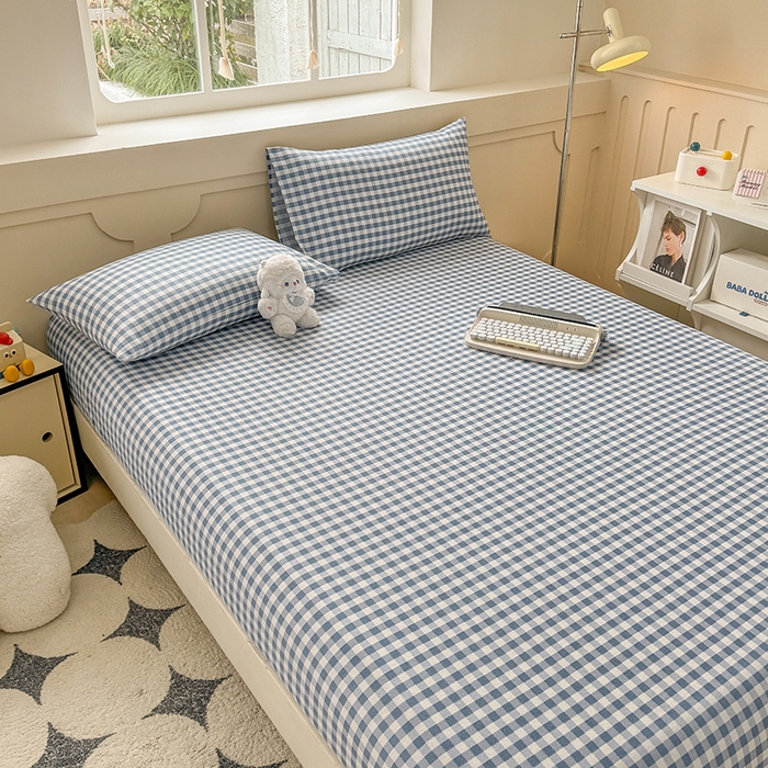 91家纺网 家纺一手货源 找家纺 爱彼家纺 2026新款舒适透气老粗布凉席印花床笠单件-床笠三件套 老粗布床笠-暖阳-天蓝格