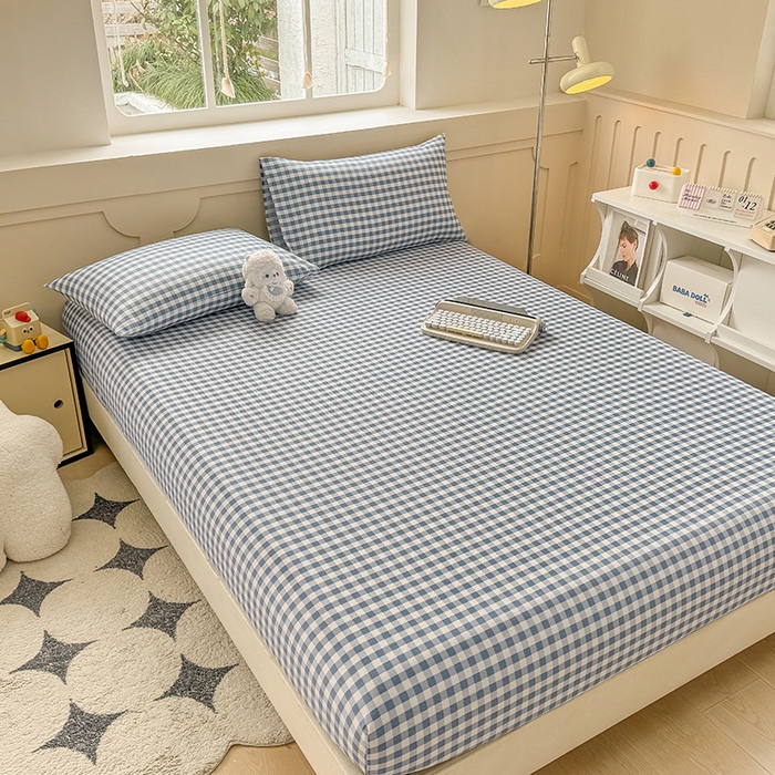 91家纺网 家纺一手货源 找家纺 爱彼家纺 2026新款舒适透气老粗布凉席印花床笠单件-床笠三件套 老粗布床笠-暖阳-天蓝格