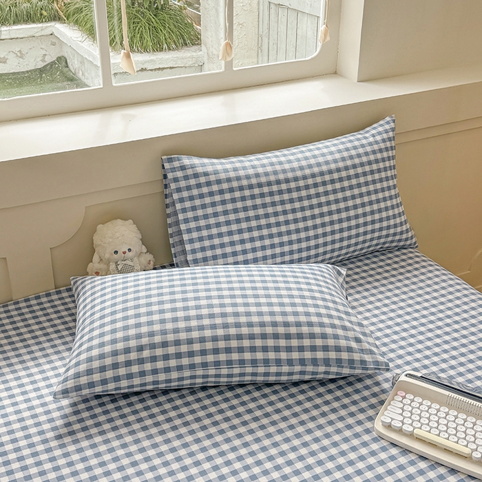 91家纺网 家纺一手货源 找家纺 爱彼家纺 2026新款舒适透气老粗布凉席印花床笠单件-床笠三件套 老粗布床笠-暖阳-天蓝格