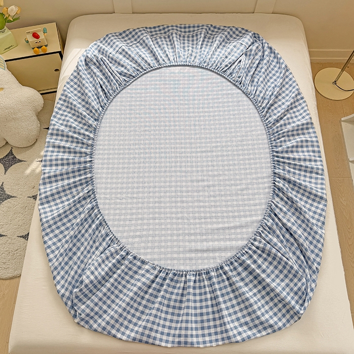 91家纺网 家纺一手货源 找家纺 爱彼家纺 2026新款舒适透气老粗布凉席印花床笠单件-床笠三件套 老粗布床笠-暖阳-天蓝格