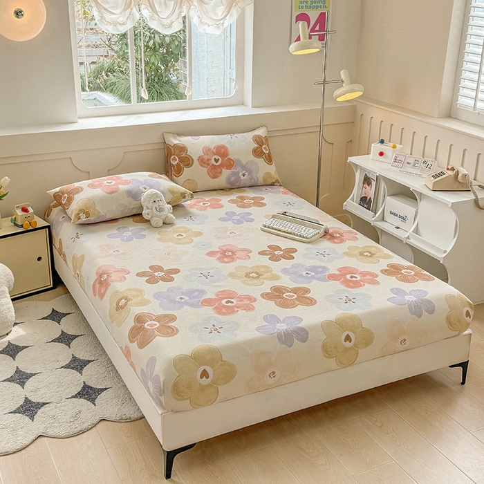 91家纺网 家纺一手货源 找家纺 爱彼家纺 2026新款舒适透气老粗布凉席印花床笠单件-床笠三件套 老粗布床笠-向阳花开