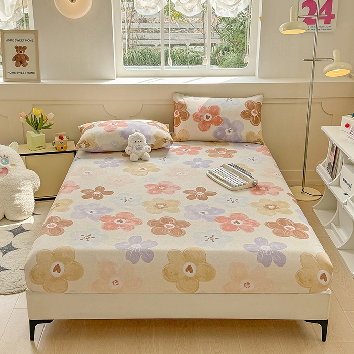 91家纺网 家纺一手货源 找家纺 爱彼家纺 2026新款舒适透气老粗布凉席印花床笠单件-床笠三件套 老粗布床笠-向阳花开