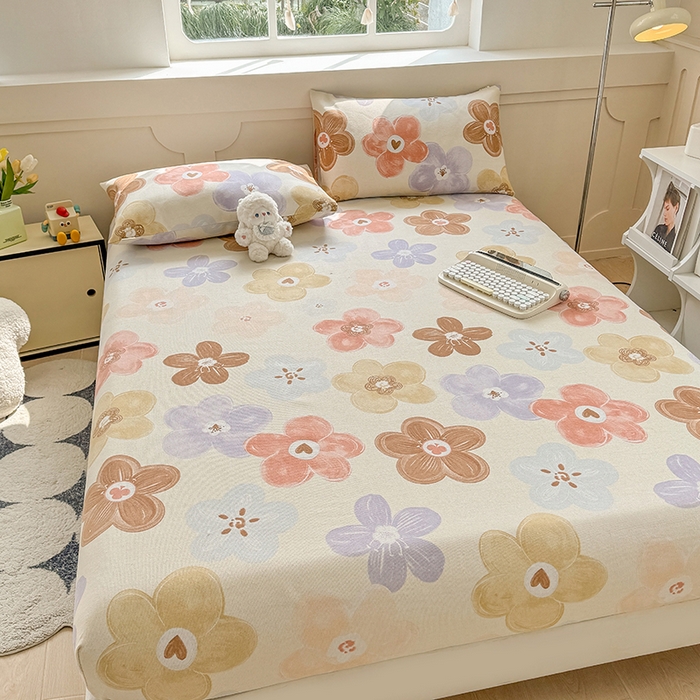 91家纺网 家纺一手货源 找家纺 爱彼家纺 2026新款舒适透气老粗布凉席印花床笠单件-床笠三件套 老粗布床笠-向阳花开