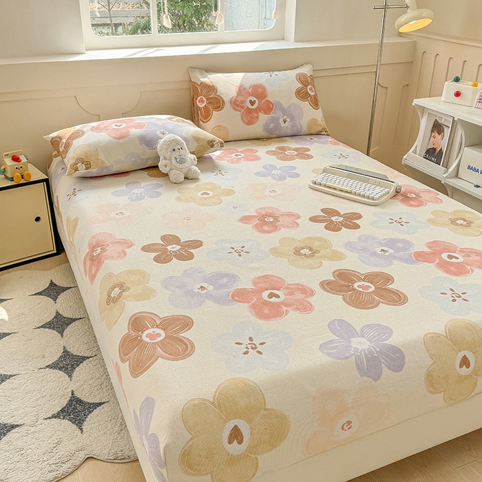 91家纺网 家纺一手货源 找家纺 爱彼家纺 2026新款舒适透气老粗布凉席印花床笠单件-床笠三件套 老粗布床笠-向阳花开