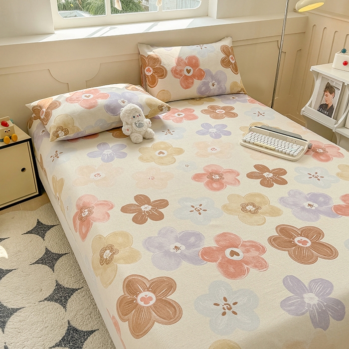 91家纺网 家纺一手货源 找家纺 爱彼家纺 2026新款舒适透气老粗布凉席印花床笠单件-床笠三件套 老粗布床笠-向阳花开