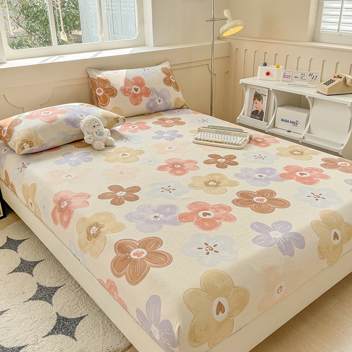 91家纺网 家纺一手货源 找家纺 爱彼家纺 2026新款舒适透气老粗布凉席印花床笠单件-床笠三件套 老粗布床笠-向阳花开