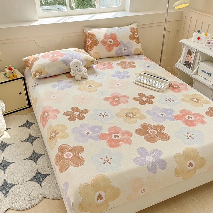 91家纺网 家纺一手货源 找家纺 爱彼家纺 2026新款舒适透气老粗布凉席印花床笠单件-床笠三件套 老粗布床笠-向阳花开