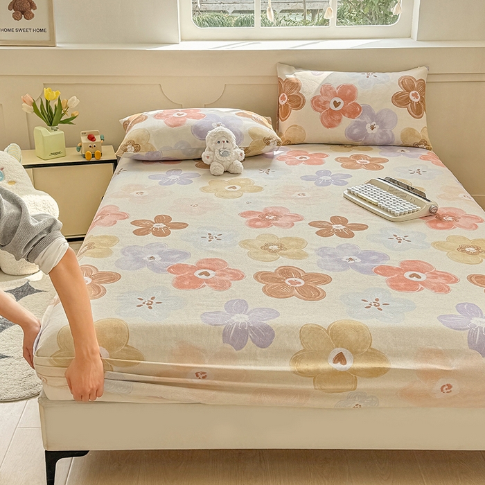 91家纺网 家纺一手货源 找家纺 爱彼家纺 2026新款舒适透气老粗布凉席印花床笠单件-床笠三件套 老粗布床笠-向阳花开