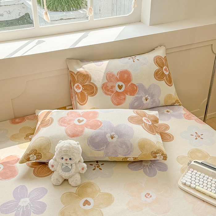 91家纺网 家纺一手货源 找家纺 爱彼家纺 2026新款舒适透气老粗布凉席印花床笠单件-床笠三件套 老粗布床笠-向阳花开