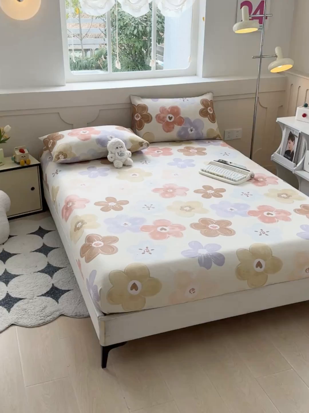 91家纺网 家纺一手货源 找家纺 爱彼家纺 2026新款舒适透气老粗布凉席印花床笠单件-床笠三件套 老粗布床笠-向阳花开