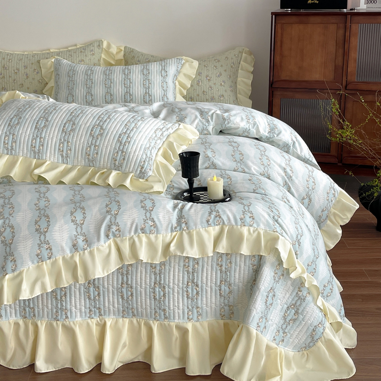 91家纺网 家纺一手货源 找家纺 慕澄家纺 2026新款高克重仿棉碎花床盖四件套 蓝梦