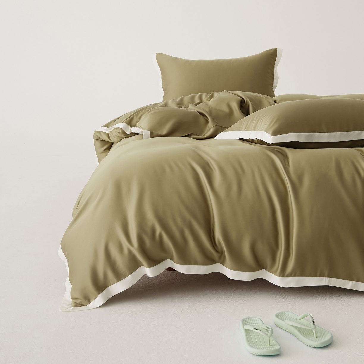 91家纺网 家纺一手货源 找家纺 EH家居 2026春夏新品天丝拼角四件套-南山系列 南山-橄榄绿