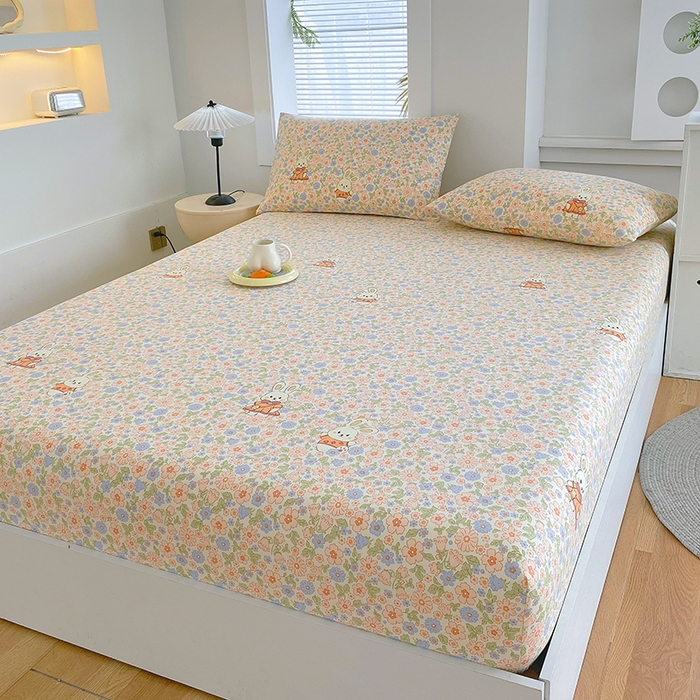 91家纺网 家纺一手货源 找家纺 爱彼家纺 2026新升级细沙卡通印花老粗布床笠直播热门款春夏热款系列一 老粗布床笠-繁花兔影