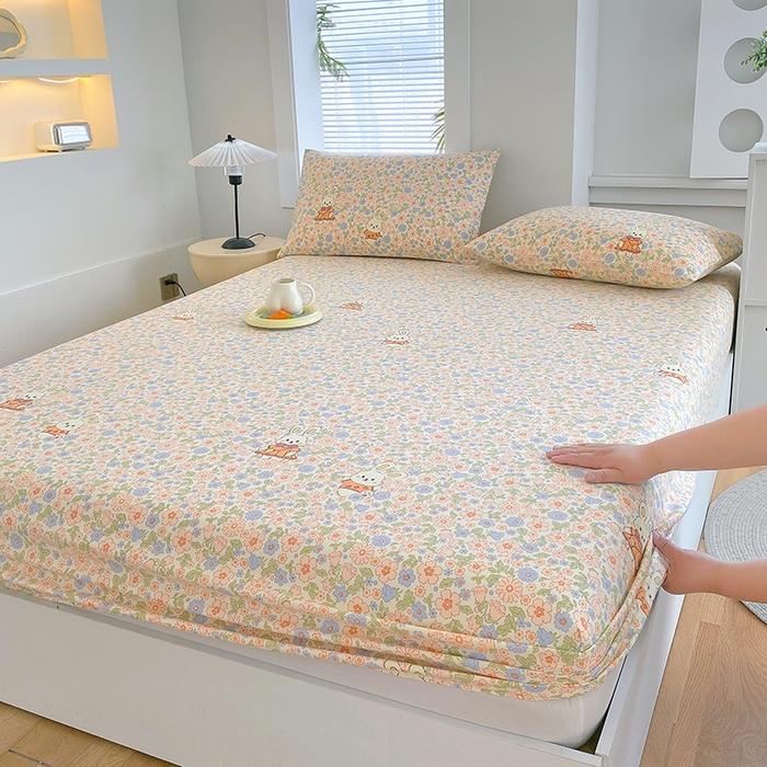 91家纺网 家纺一手货源 找家纺 爱彼家纺 2026新升级细沙卡通印花老粗布床笠直播热门款春夏热款系列一 老粗布床笠-繁花兔影