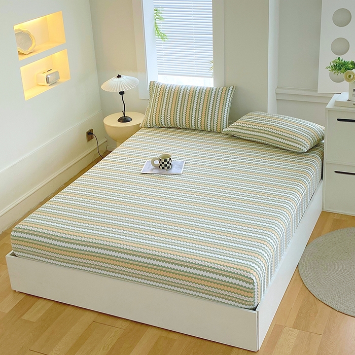 91家纺网 家纺一手货源 找家纺 爱彼家纺 2026新升级细沙卡通印花老粗布床笠直播热门款春夏热款系列一 老粗布床笠-向往条绿