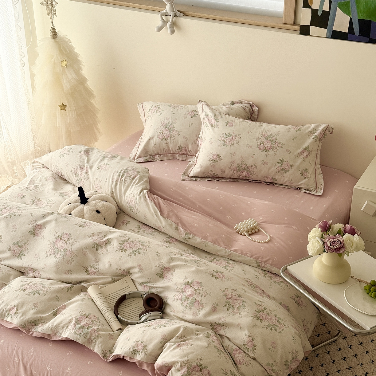 91家纺网 家纺一手货源 找家纺 于果 2026新款全棉13370四件套（2） 蔷薇故事粉