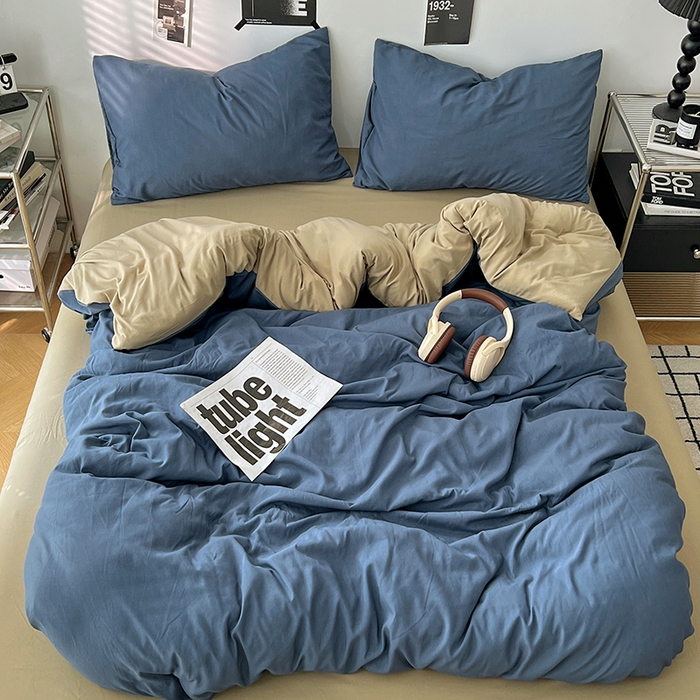 世爵 2026新款10A抗菌亲肤水洗棉双拼四件套 卡其蓝