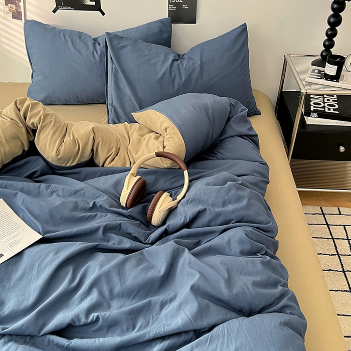 91家纺网 家纺一手货源 找家纺 世爵 2026新款10A抗菌亲肤水洗棉双拼四件套 卡其蓝