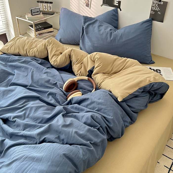 91家纺网 家纺一手货源 找家纺 世爵 2026新款10A抗菌亲肤水洗棉双拼四件套 卡其蓝