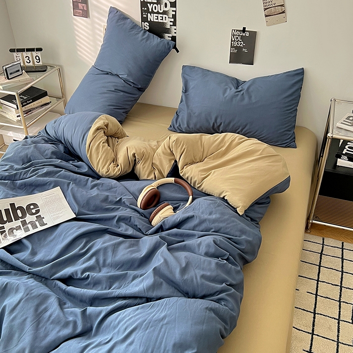 91家纺网 家纺一手货源 找家纺 世爵 2026新款10A抗菌亲肤水洗棉双拼四件套 卡其蓝