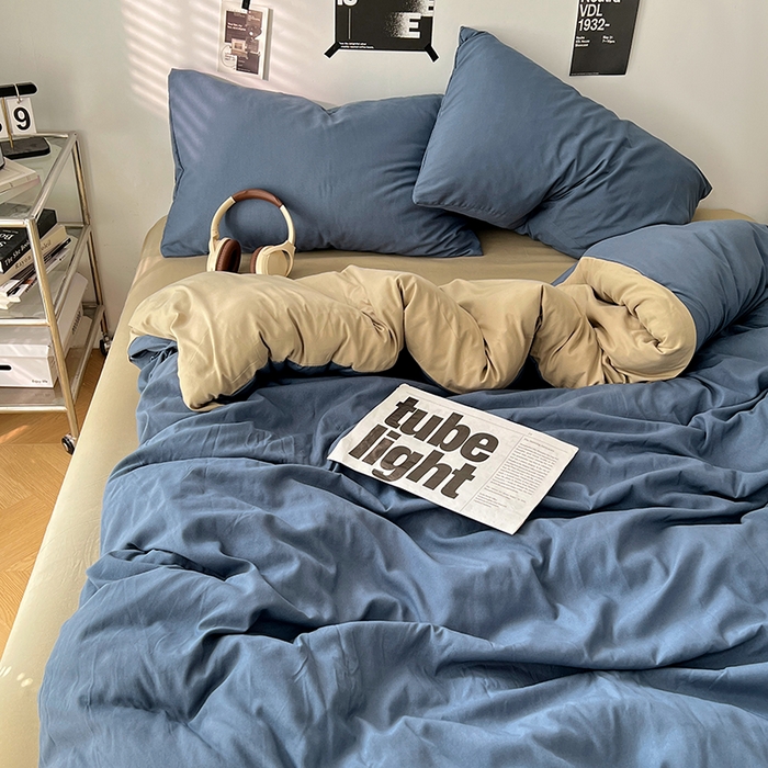 91家纺网 家纺一手货源 找家纺 世爵 2026新款10A抗菌亲肤水洗棉双拼四件套 卡其蓝