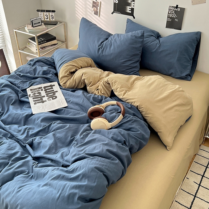 91家纺网 家纺一手货源 找家纺 世爵 2026新款10A抗菌亲肤水洗棉双拼四件套 卡其蓝