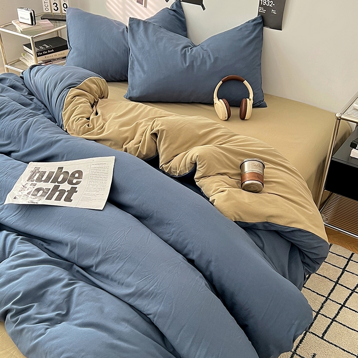 91家纺网 家纺一手货源 找家纺 世爵 2026新款10A抗菌亲肤水洗棉双拼四件套 卡其蓝