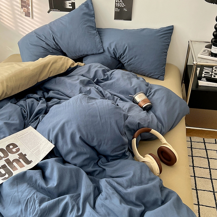 91家纺网 家纺一手货源 找家纺 世爵 2026新款10A抗菌亲肤水洗棉双拼四件套 卡其蓝