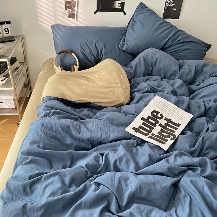 91家纺网 家纺一手货源 找家纺 世爵 2026新款10A抗菌亲肤水洗棉双拼四件套 卡其蓝