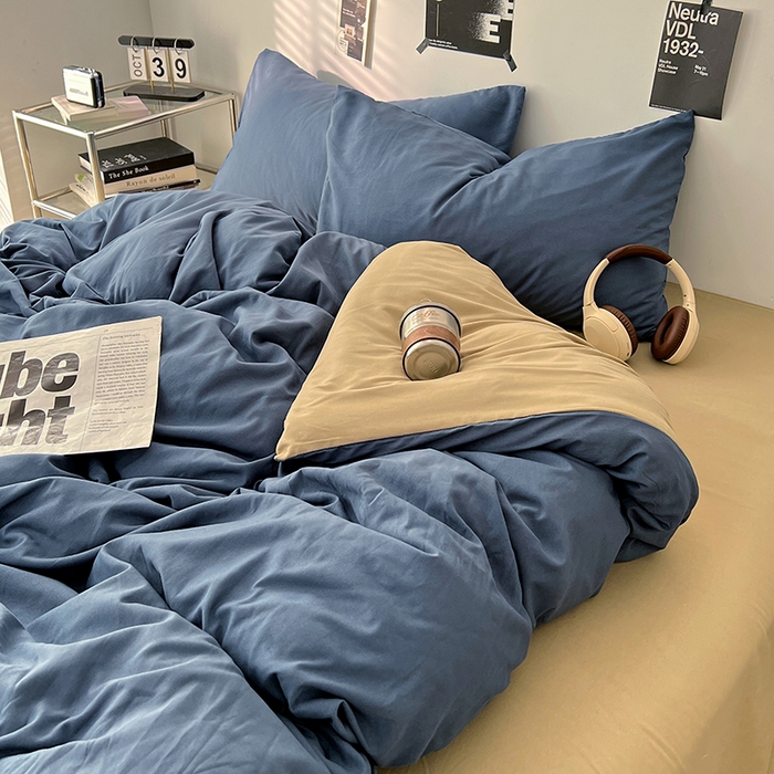 91家纺网 家纺一手货源 找家纺 世爵 2026新款10A抗菌亲肤水洗棉双拼四件套 卡其蓝