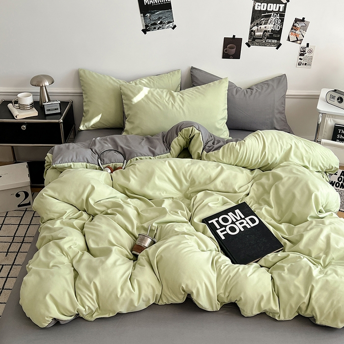 世爵 2026新款10A抗菌亲肤水洗棉双拼四件套 绿浅灰