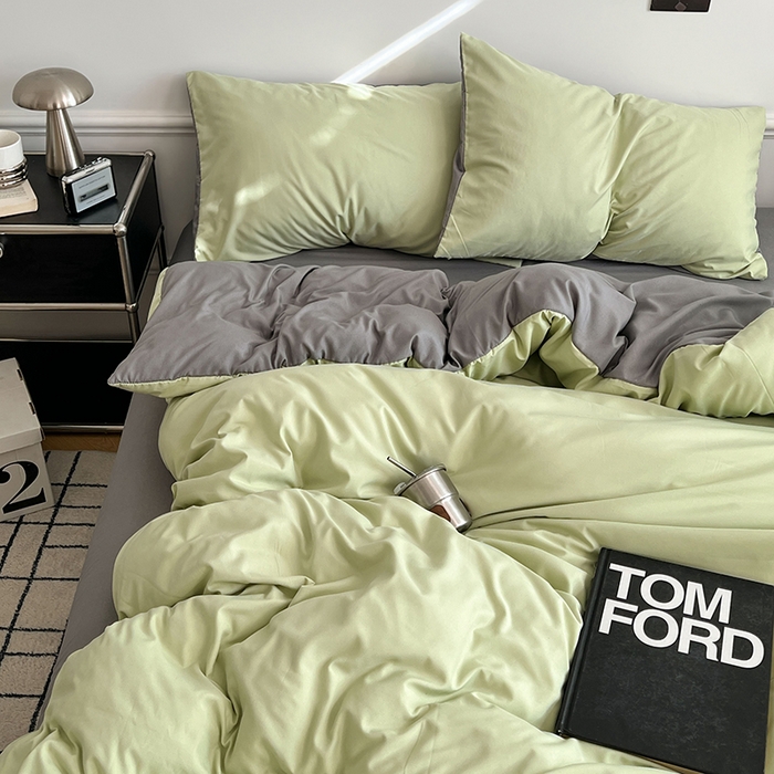 91家纺网 家纺一手货源 找家纺 世爵 2026新款10A抗菌亲肤水洗棉双拼四件套 绿浅灰