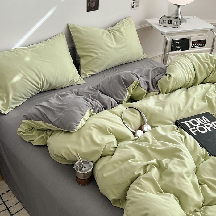 91家纺网 家纺一手货源 找家纺 世爵 2026新款10A抗菌亲肤水洗棉双拼四件套 绿浅灰