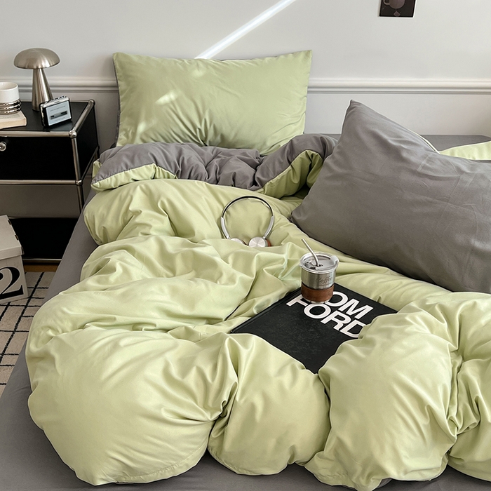 91家纺网 家纺一手货源 找家纺 世爵 2026新款10A抗菌亲肤水洗棉双拼四件套 绿浅灰