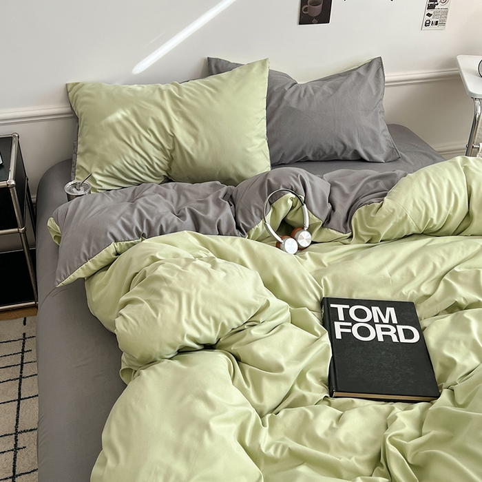 91家纺网 家纺一手货源 找家纺 世爵 2026新款10A抗菌亲肤水洗棉双拼四件套 绿浅灰