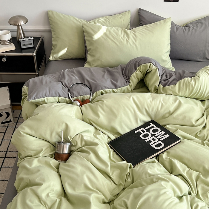 91家纺网 家纺一手货源 找家纺 世爵 2026新款10A抗菌亲肤水洗棉双拼四件套 绿浅灰