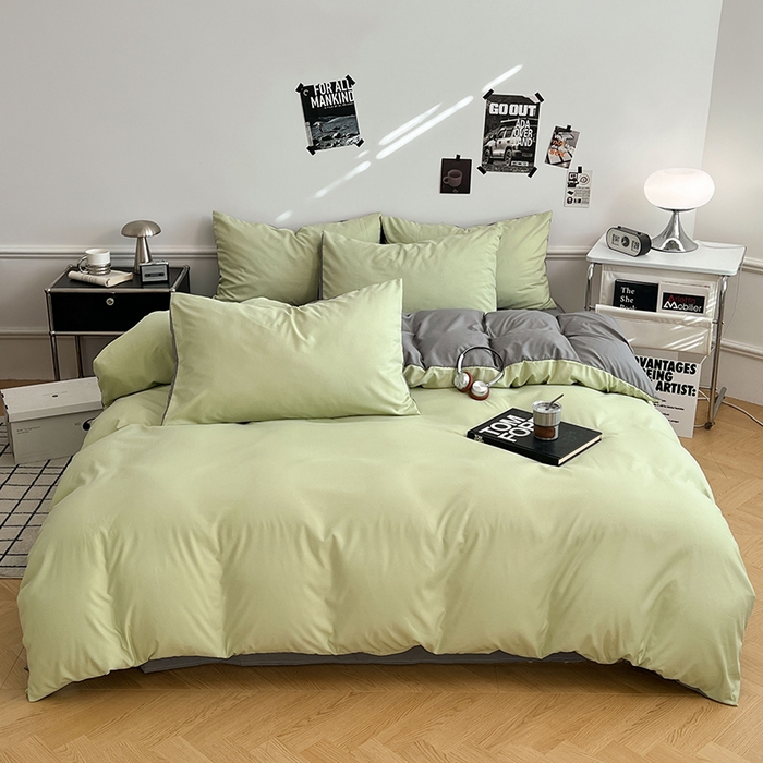 91家纺网 家纺一手货源 找家纺 世爵 2026新款10A抗菌亲肤水洗棉双拼四件套 绿浅灰